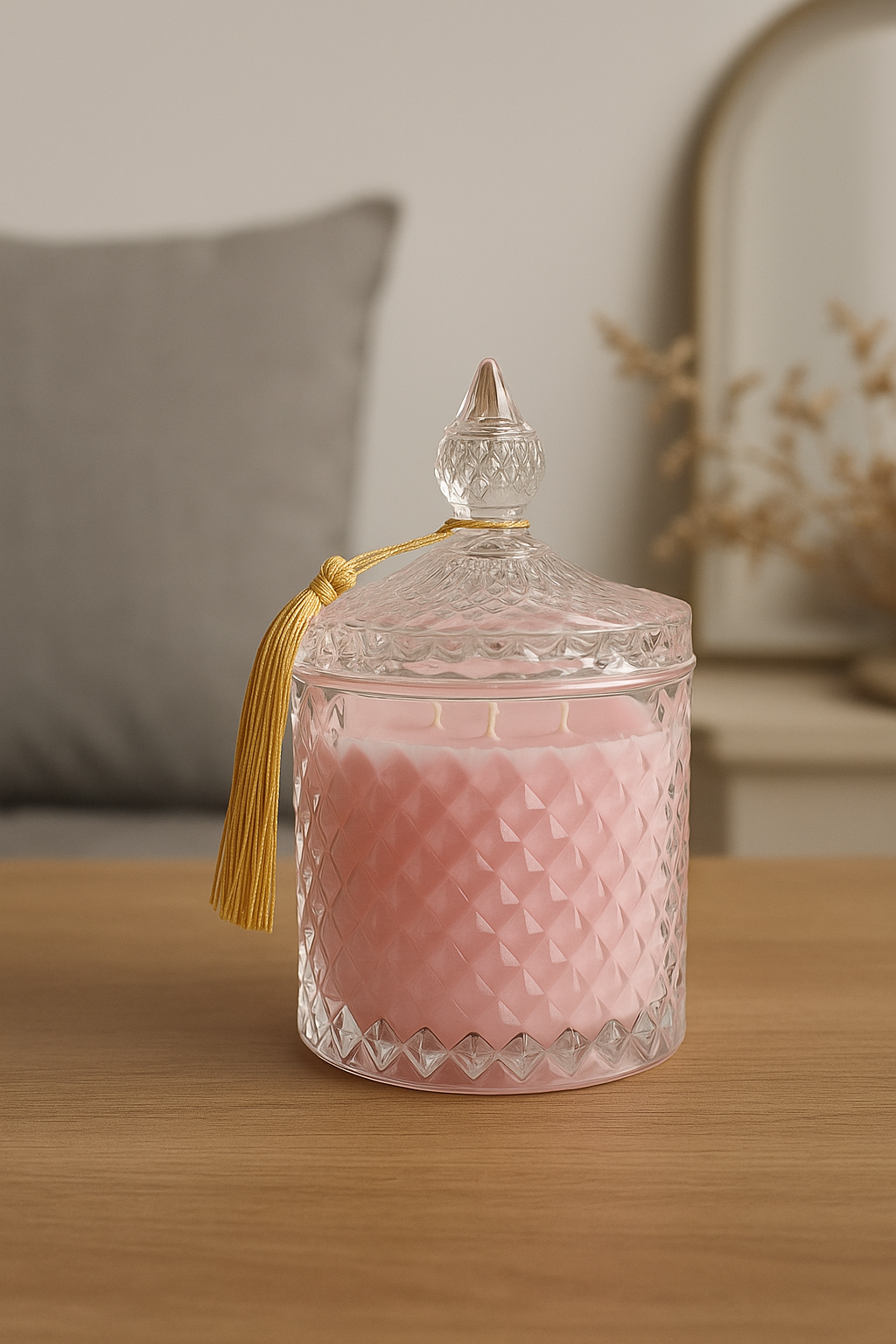 Преміальна аромасвічка Rose Elegance з декоративною кришкою та золотистим пензликом — витончений акцент у сучасному просторі.