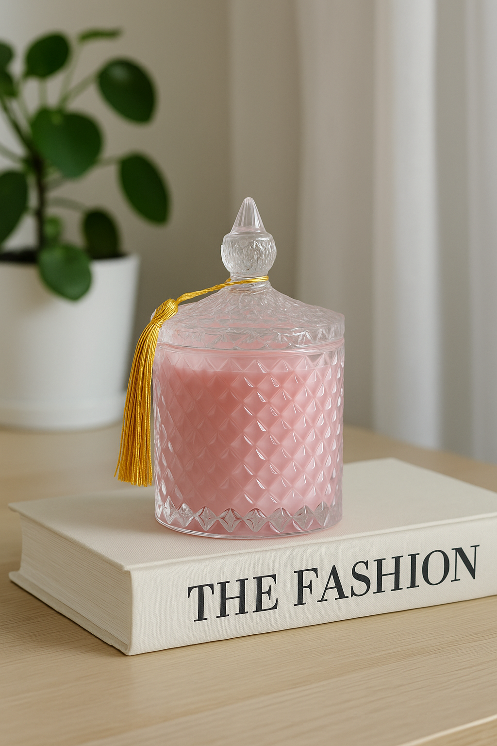 Ароматична свіча Rose Elegance з трьома гнотами у фактурному скляному контейнері — тепле світло та атмосфера камерної розкоші.