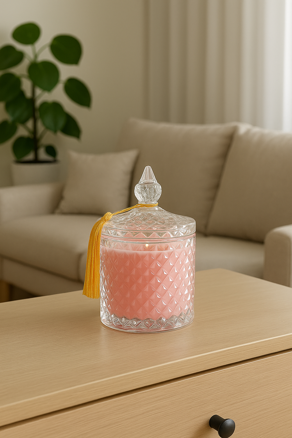 Свічка Rose Elegance з ароматом Rose Petals у світлому інтер’єрі — ніжність, чистота та природна естетика.