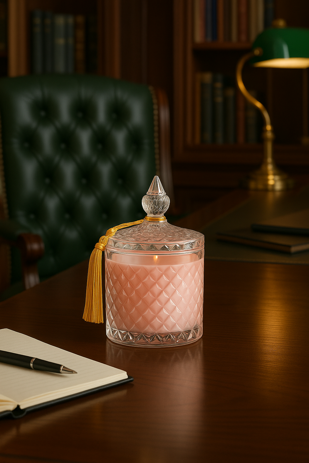 Свічка Rose Elegance як елемент інтер’єрного декору — прозоре скло, ніжний рожевий відтінок і відчуття затишку.