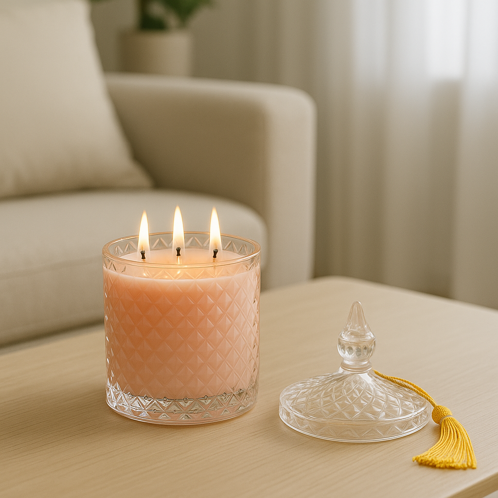 Ароматична свіча Rose Elegance на мармуровій поверхні — м’які квіткові ноти та спокійна атмосфера дому.