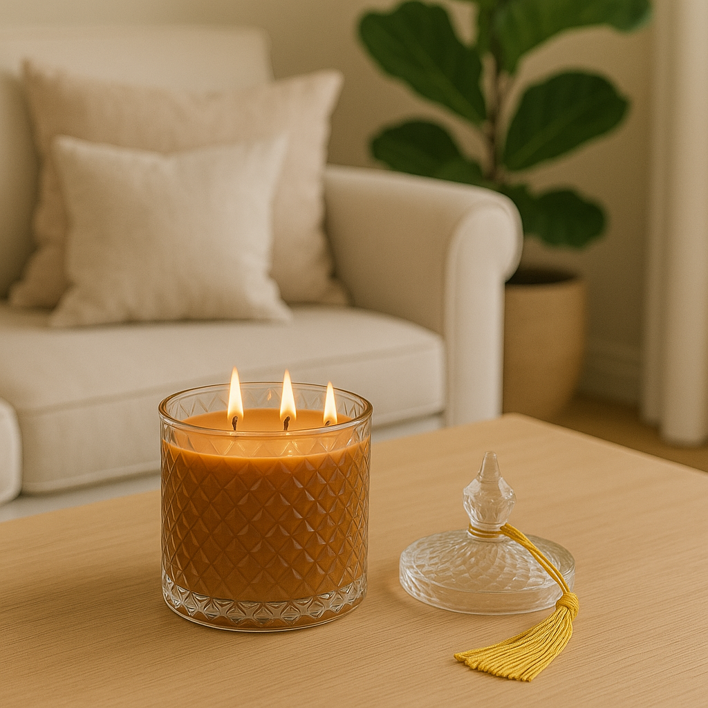 Ароматична свіча Amber Elegance як елемент інтер’єрного декору — тепле світло, елегантне скло та відчуття преміального затишку.