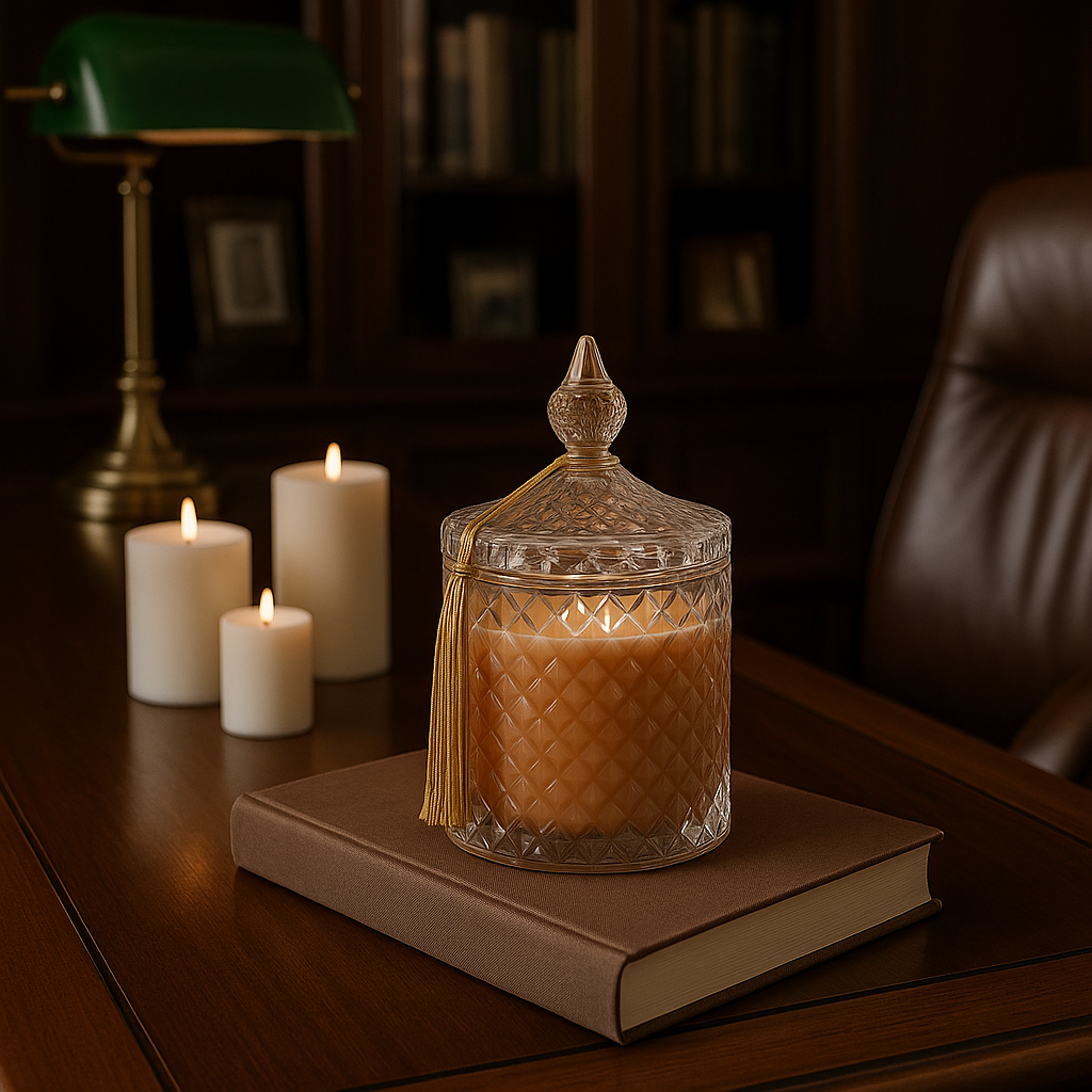 Свічка Amber Elegance на книжковому столі в інтер’єрі кабінету — атмосфера тиші, концентрації та вишуканого комфорту.