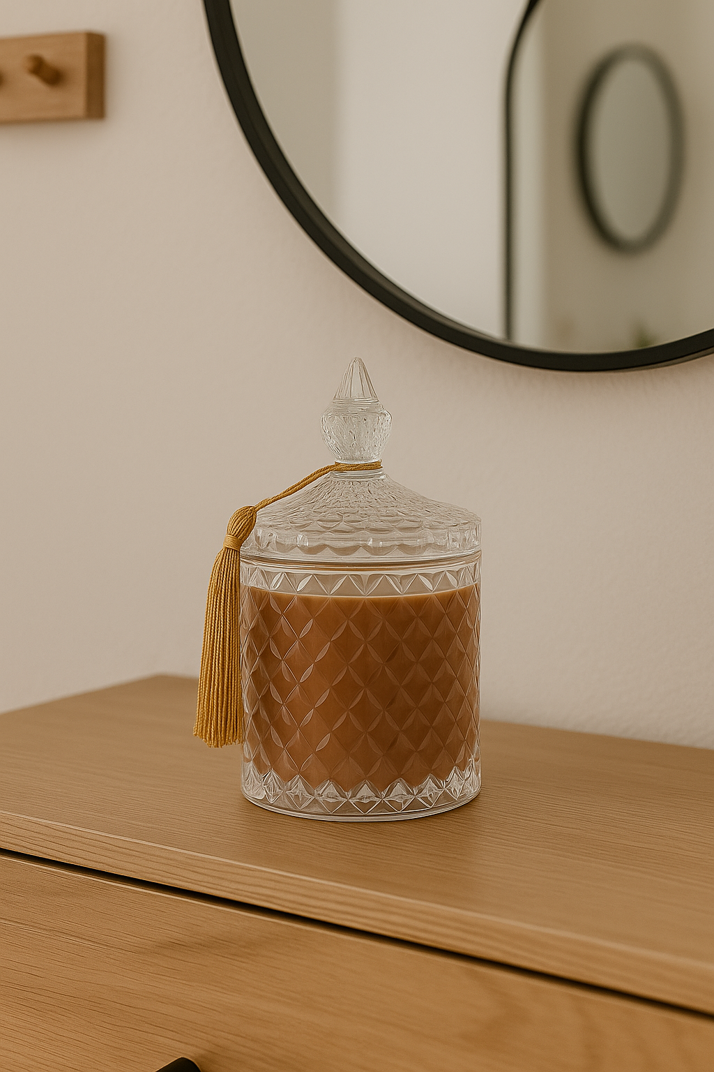 Ароматична свіча Amber Elegance з ароматом Tiramisù у світлому інтер’єрі — поєднання спокою, тепла й натуральної естетики.