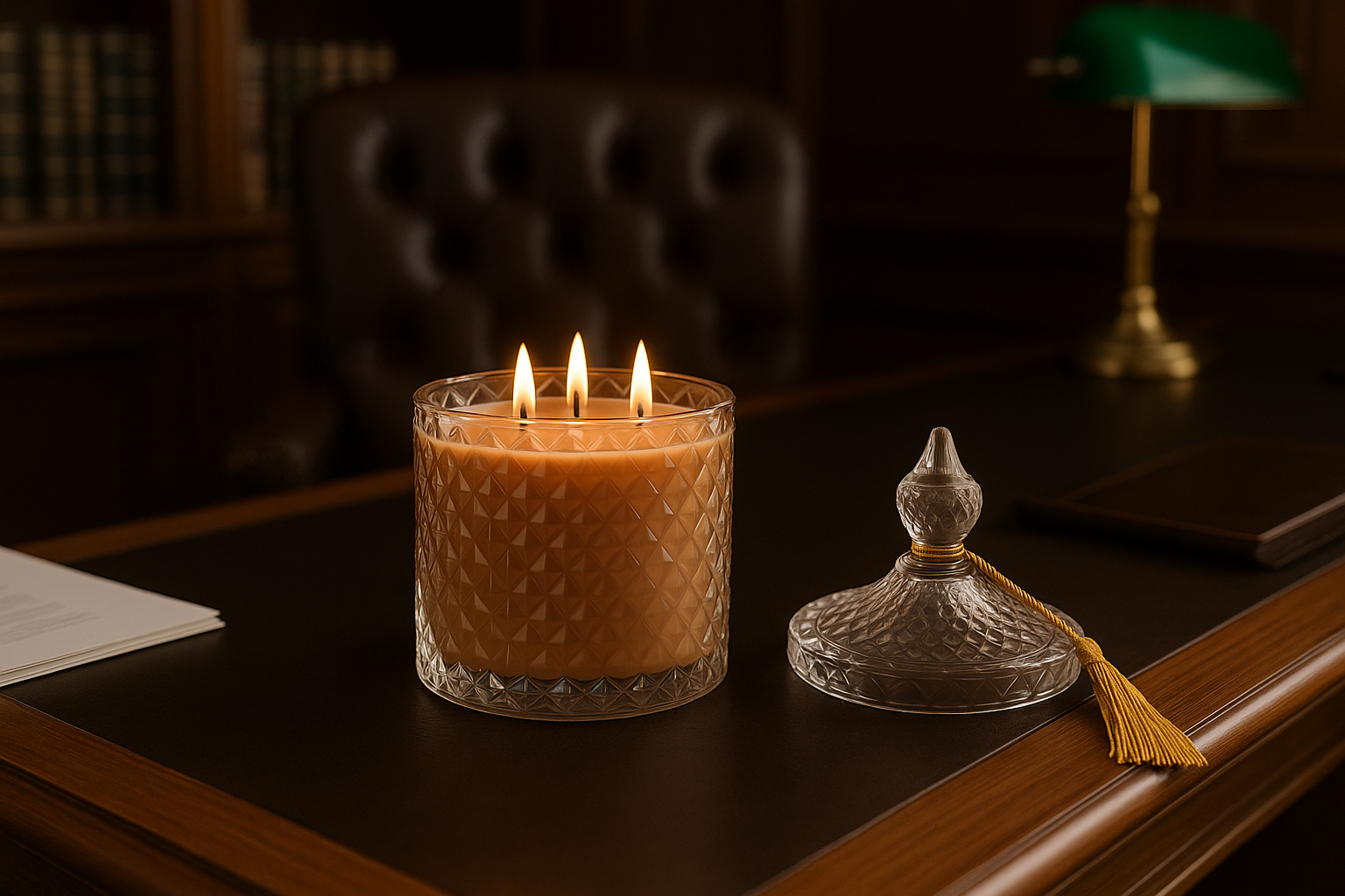 Запалена ароматична свіча Amber Elegance з м’яким полум’ям, що створює камерну вечірню атмосферу та підкреслює елегантний інтер’єр.