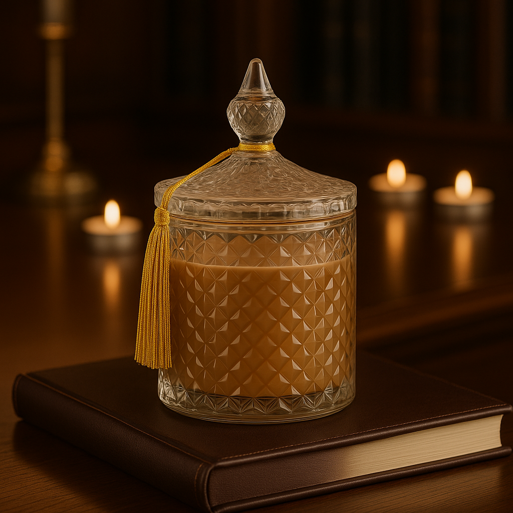 Ароматична свіча Amber Elegance у витонченому скляному контейнері з кришкою, наповнена теплим світлом і атмосферою затишної розкоші.