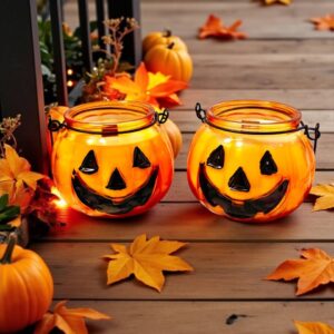 ароматизована свіча у скляному гарбузі halloween spirit з теплим помаранчевим світлом