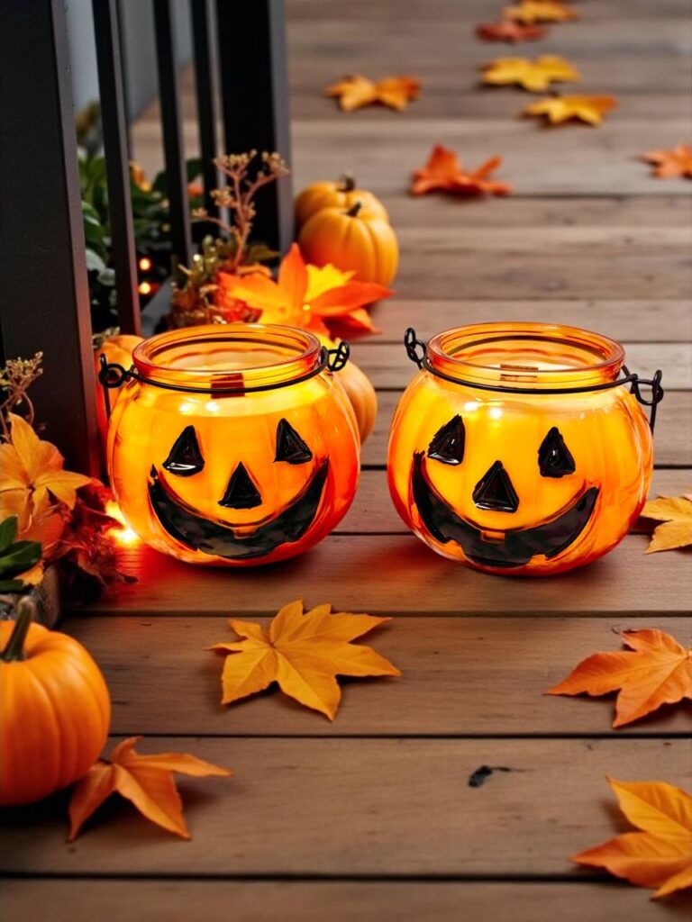 ароматизована свіча у скляному гарбузі halloween spirit з теплим помаранчевим світлом