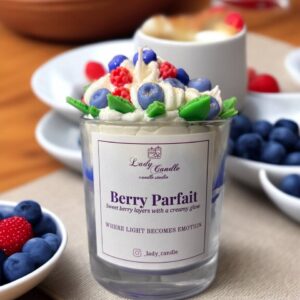 ароматична свіча berry parfait у скляному бокалі з ягідним декором