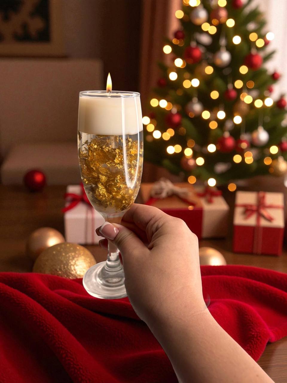 Свічка Golden Éveil у келиху з теплим світлом у святковій атмосфері
