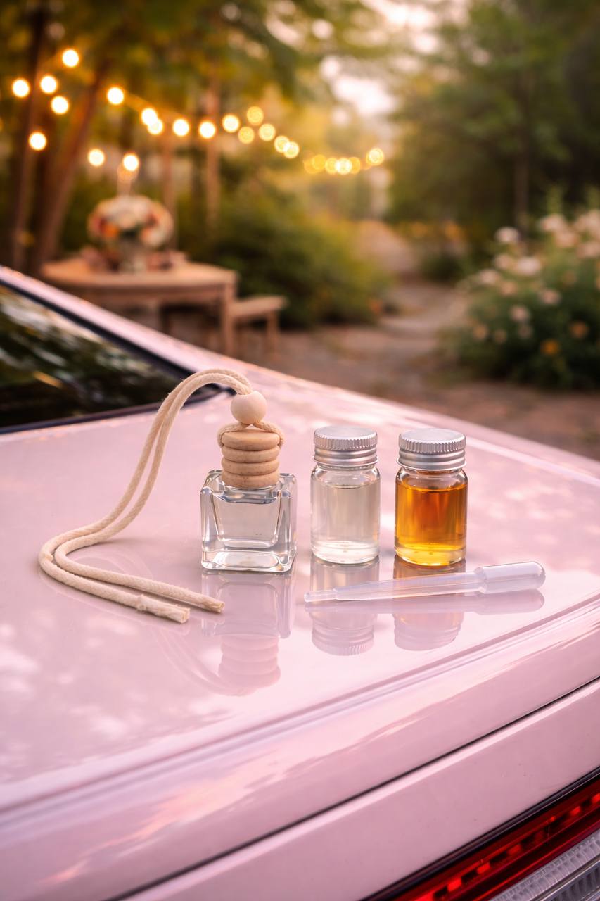 Набір: автомобільний дифузор з двома запасними флаконами аромаолії та піпеткою — «Пелюстки троянди»