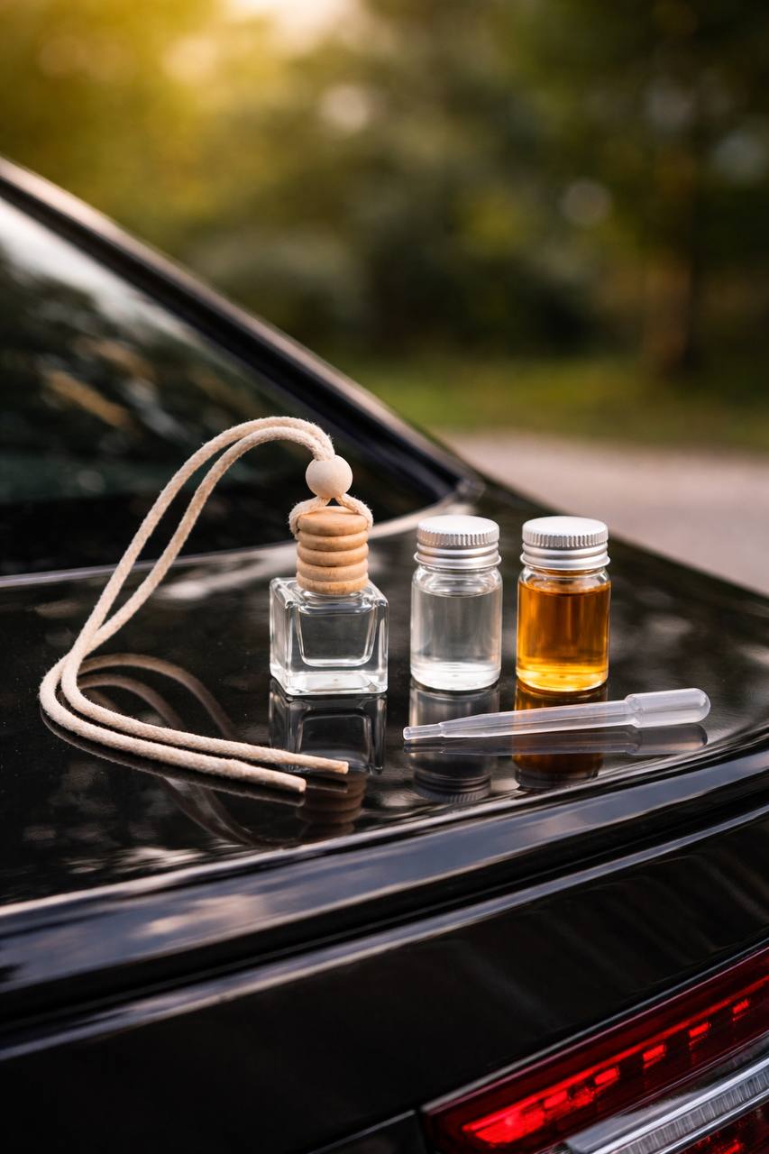 Набір: автомобільний дифузор з двома запасними флаконами аромаолії та піпеткою — «Уд та мигдаль»